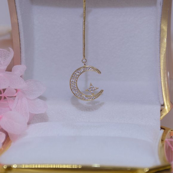 NEW 14K Gold Plated Diamond Crescent Moon Star Drop Necklace - Picture 5 of 6